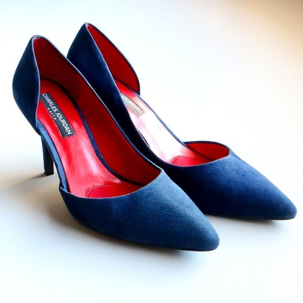 Charles Jourdan Paris Navy Blue Suede Leather Cutout Pointy Toe Pumps Heels Shoe